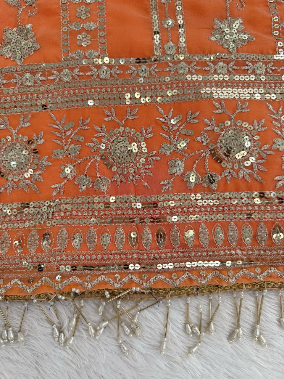 Rust Orange Georgette Handmade Embroidered Sharara Salwar Suit