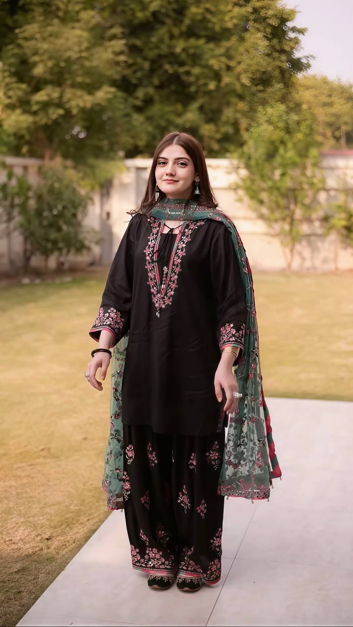 Roman Glass Silk Embroidered Farshi Pant Suit with GMY Silk Dupatta — Fully Stitched 3-Piece