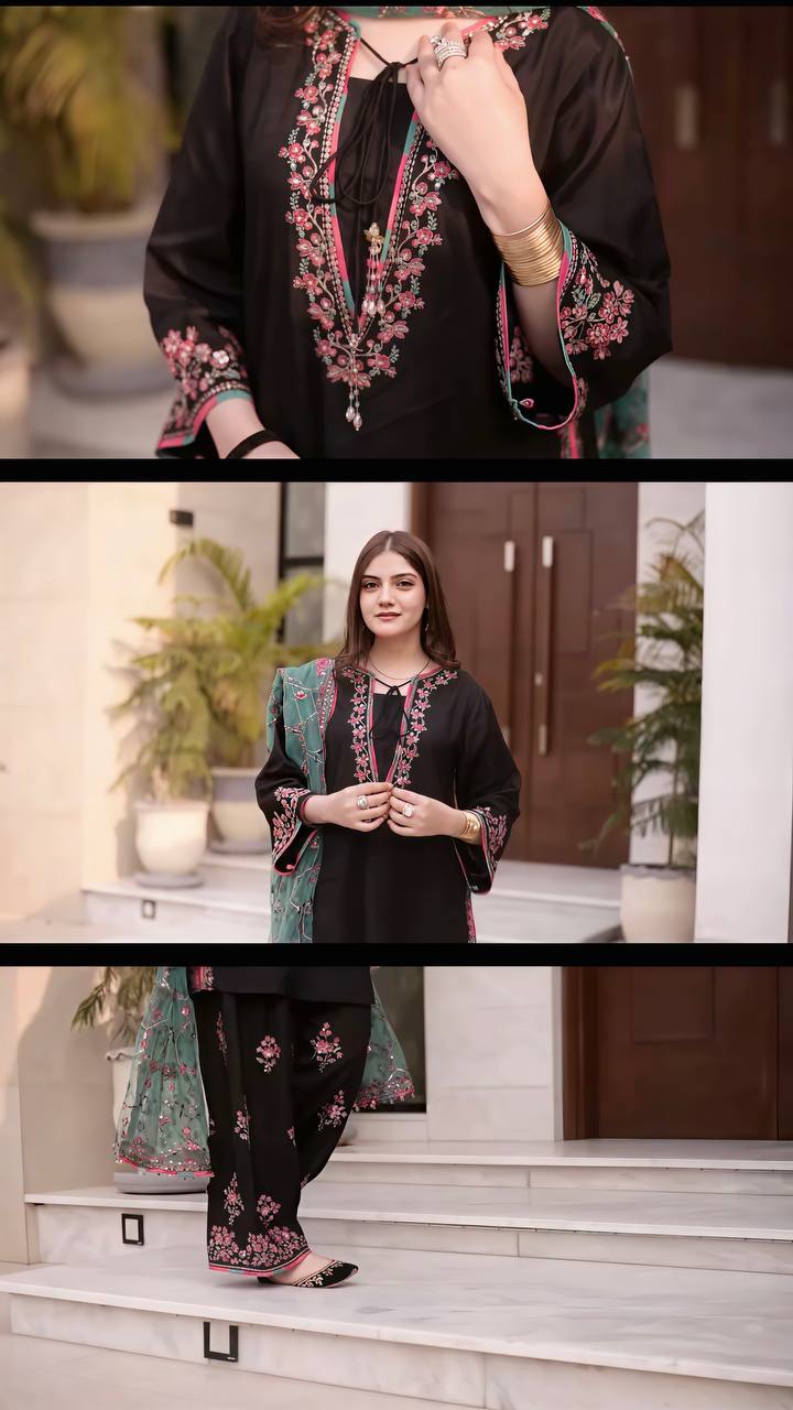 Roman Glass Silk Embroidered Farshi Pant Suit with GMY Silk Dupatta — Fully Stitched 3-Piece
