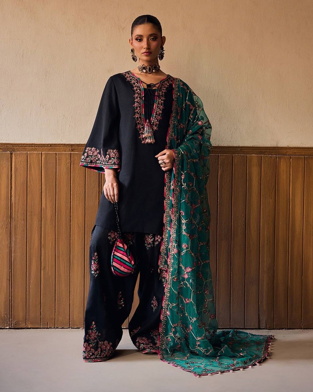 Roman Glass Silk Embroidered Farshi Pant Suit with GMY Silk Dupatta — Fully Stitched 3-Piece