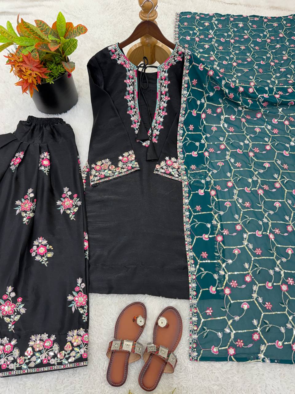 Roman Glass Silk Embroidered Farshi Pant Suit with GMY Silk Dupatta — Fully Stitched 3-Piece