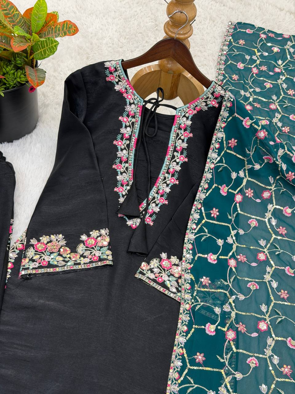 Roman Glass Silk Embroidered Farshi Pant Suit with GMY Silk Dupatta — Fully Stitched 3-Piece