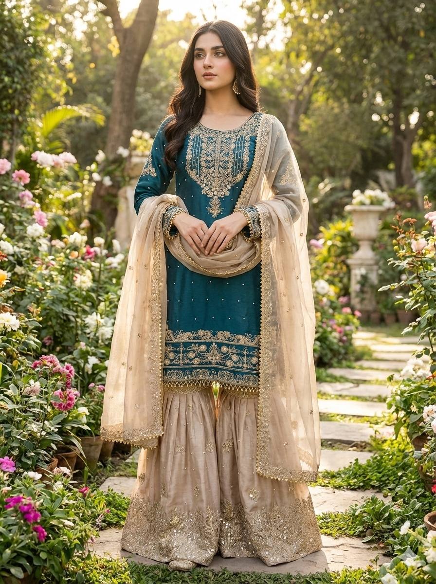 Pure Heavy GMY Silk Embroidered Coding Dori Sequence Palazzo Suit with Dupatta - view 6 | Zahra London