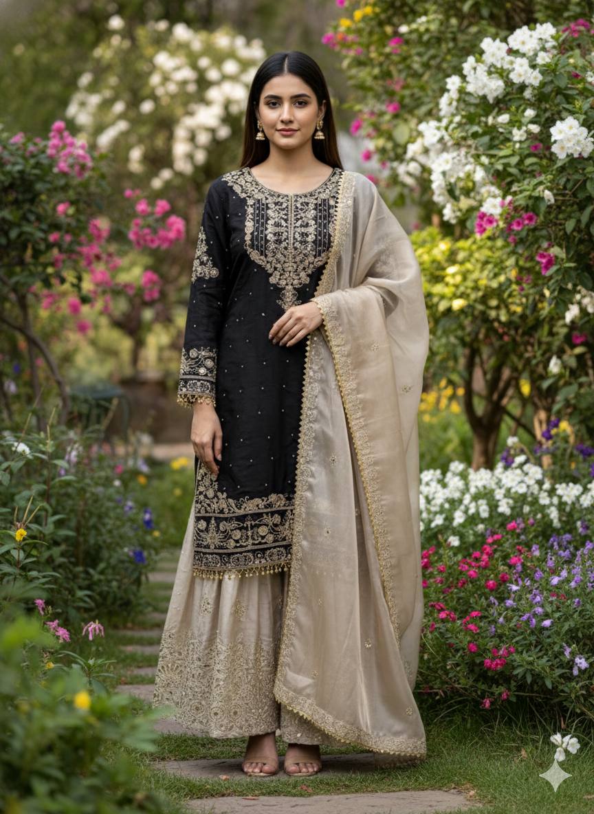 Pure Heavy GMY Silk Embroidered Coding Dori Sequence Palazzo Suit with Dupatta - view 5 | Zahra London