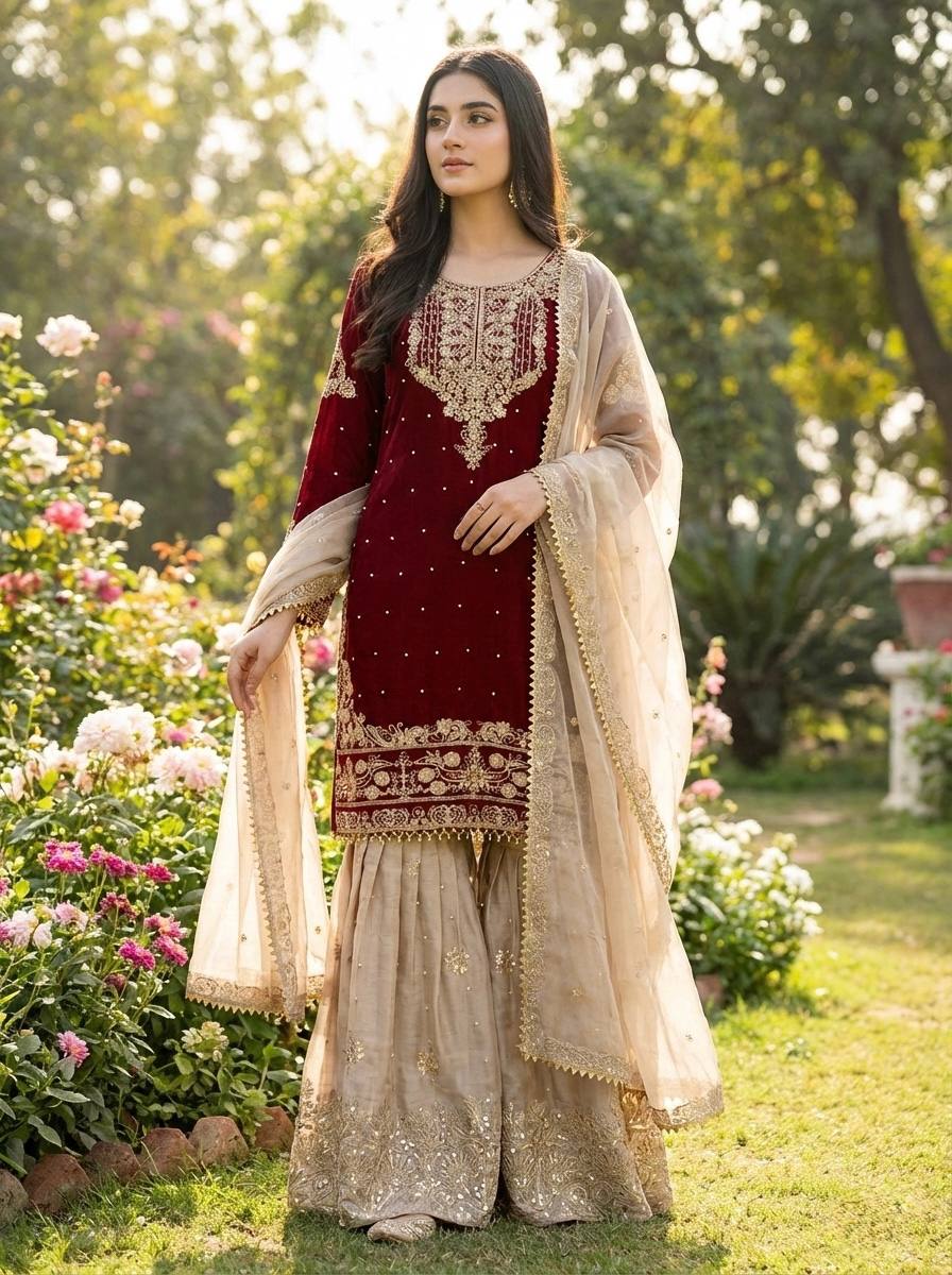 Pure Heavy GMY Silk Embroidered Coding Dori Sequence Palazzo Suit with Dupatta - view 8 | Zahra London