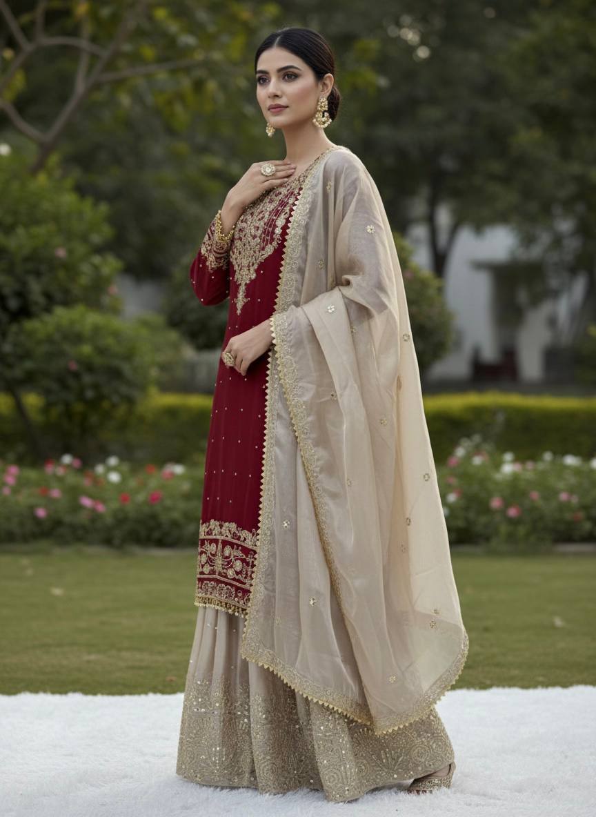 Pure Heavy GMY Silk Embroidered Coding Dori Sequence Palazzo Suit with Dupatta — Fully Stitched 3-Piece