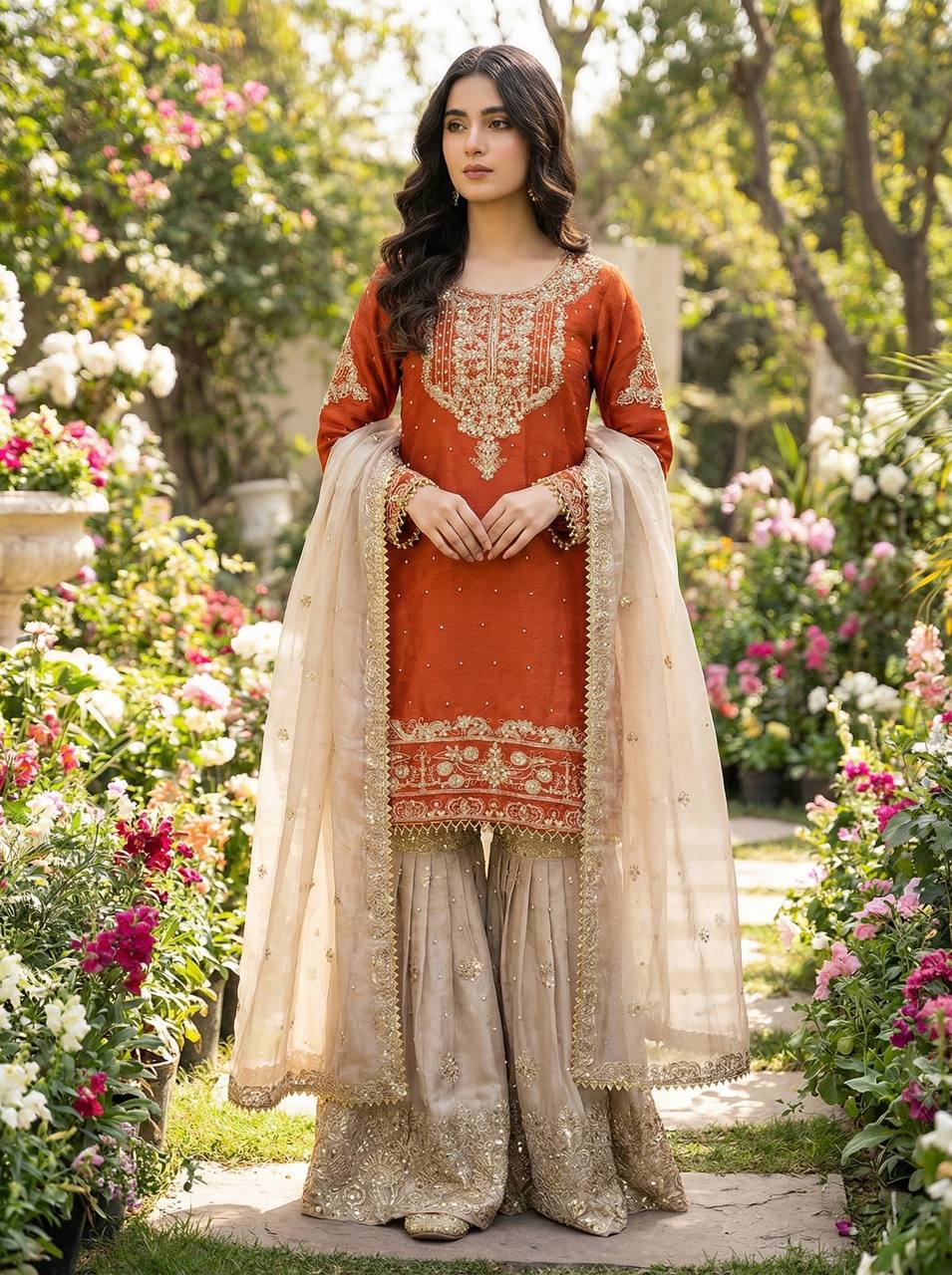 Pure Heavy GMY Silk Embroidered Coding Dori Sequence Palazzo Suit with Dupatta - view 7 | Zahra London