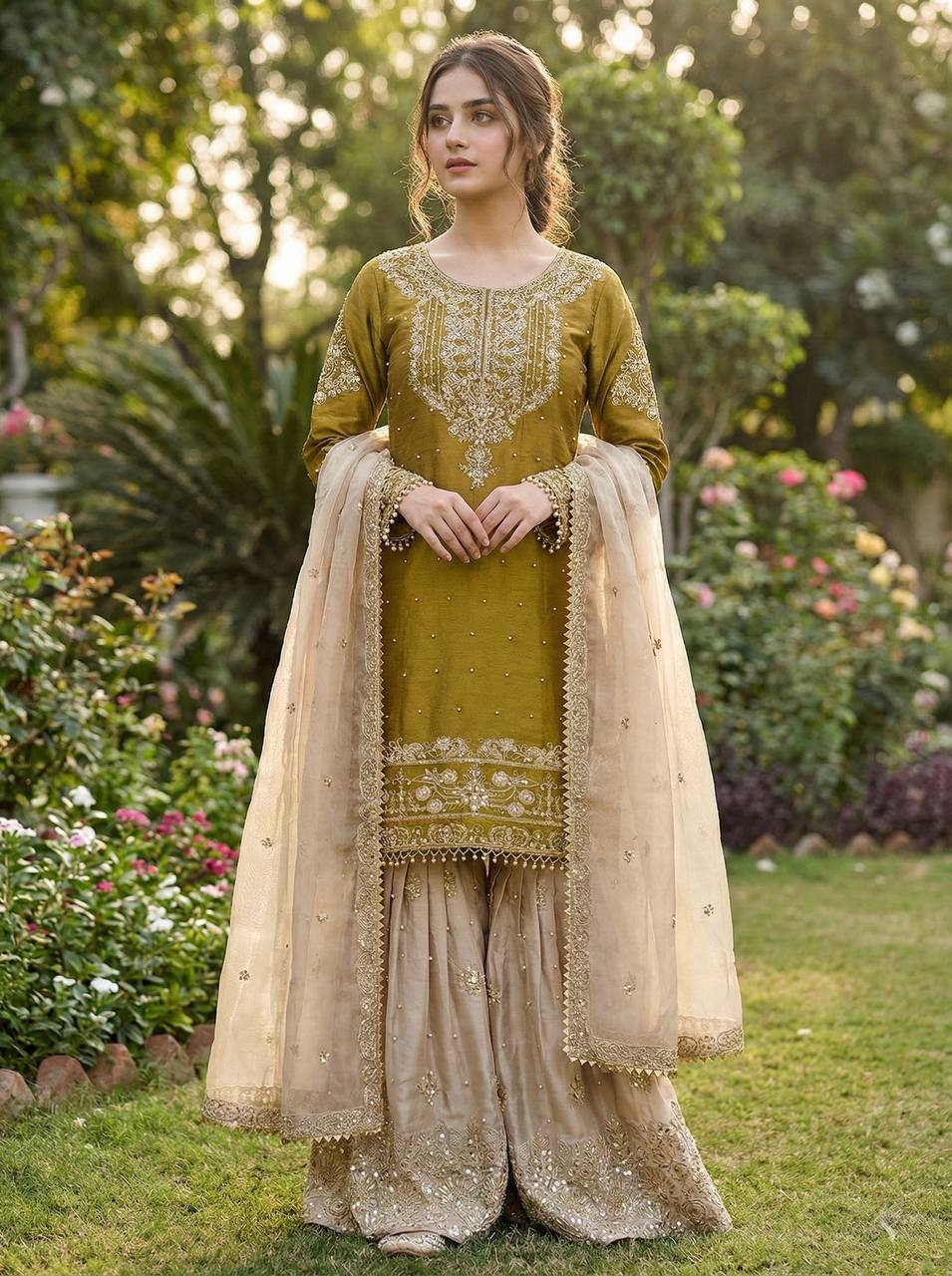 Pure Heavy GMY Silk Embroidered Coding Dori Sequence Palazzo Suit with Dupatta - side view | Zahra London