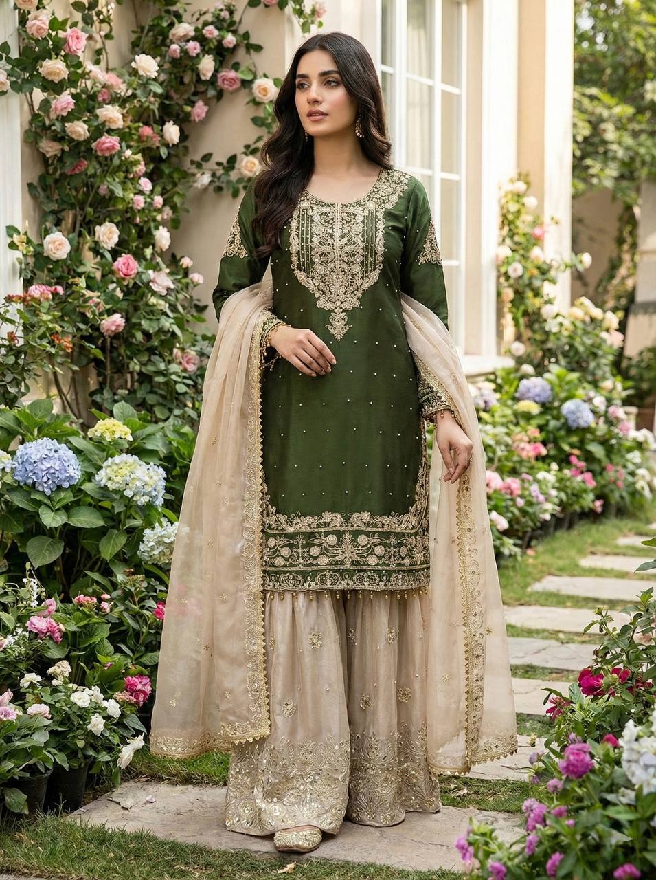 Pure Heavy GMY Silk Embroidered Coding Dori Sequence Palazzo Suit with Dupatta — Fully Stitched 3-Piece