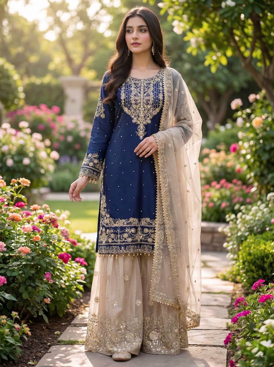 Pure Heavy GMY Silk Embroidered Coding Dori Sequence Palazzo Suit with Dupatta - close up detail | Zahra London