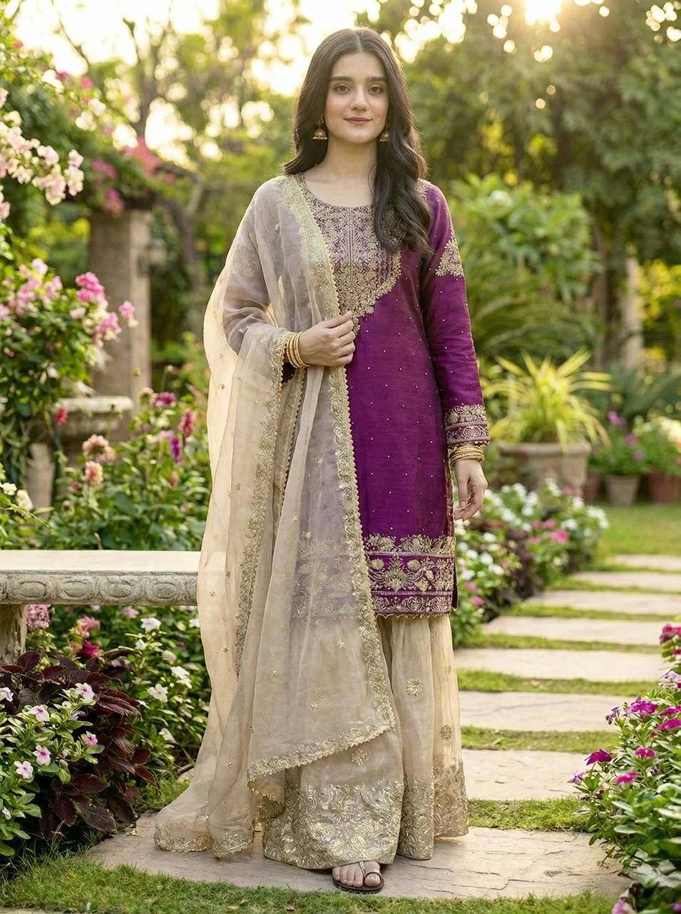 Pure Heavy GMY Silk Embroidered Coding Dori Sequence Palazzo Suit with Dupatta — Fully Stitched 3-Piece
