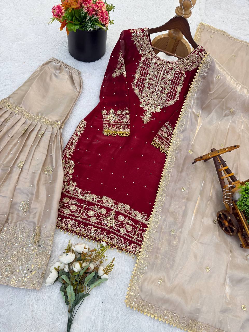 Pure Heavy GMY Silk Embroidered Coding Dori Sequence Palazzo Suit with Dupatta — Fully Stitched 3-Piece