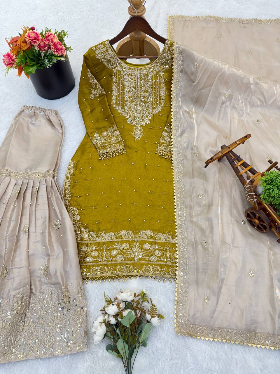Pure Heavy GMY Silk Embroidered Coding Dori Sequence Palazzo Suit with Dupatta — Fully Stitched 3-Piece