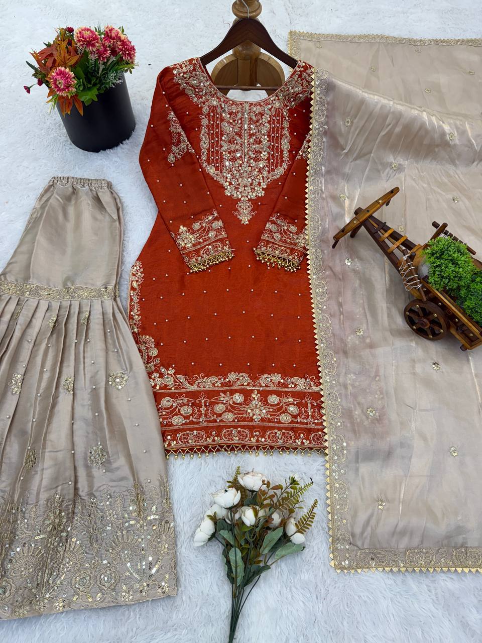 Pure Heavy GMY Silk Embroidered Coding Dori Sequence Palazzo Suit with Dupatta — Fully Stitched 3-Piece