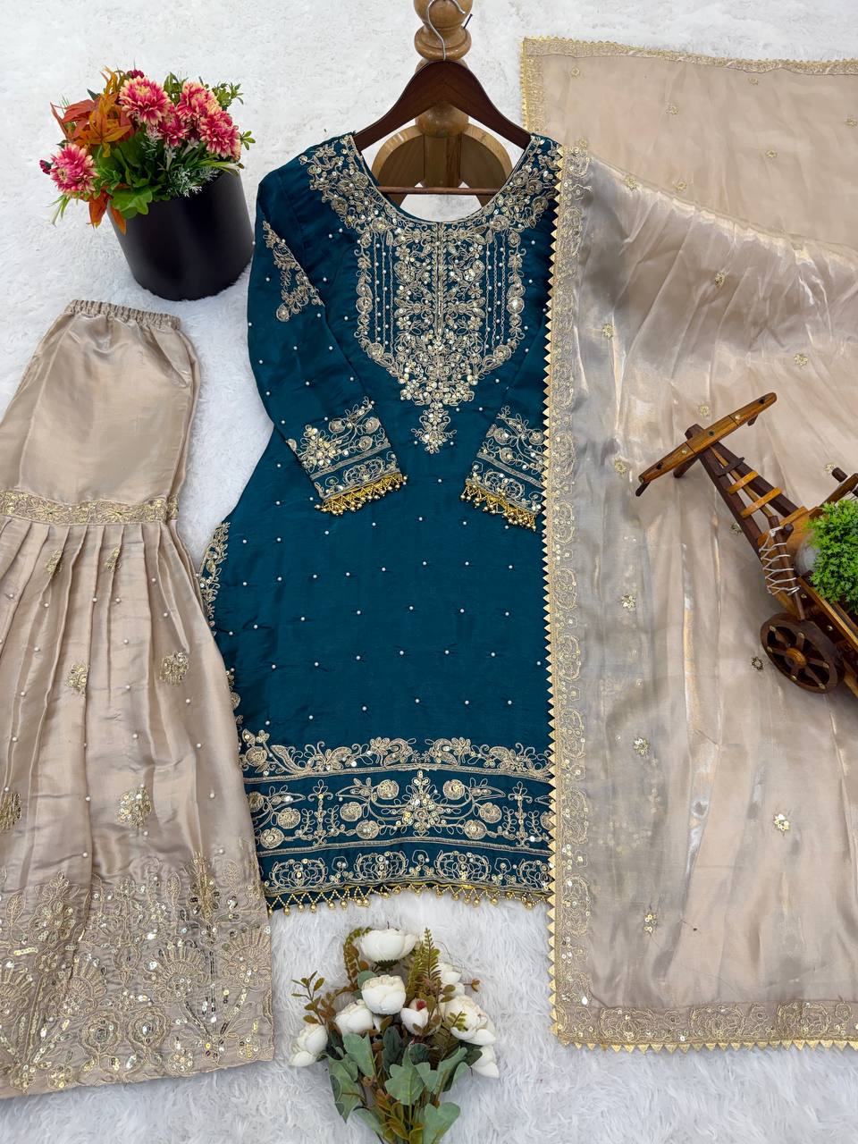 Pure Heavy GMY Silk Embroidered Coding Dori Sequence Palazzo Suit with Dupatta — Fully Stitched 3-Piece