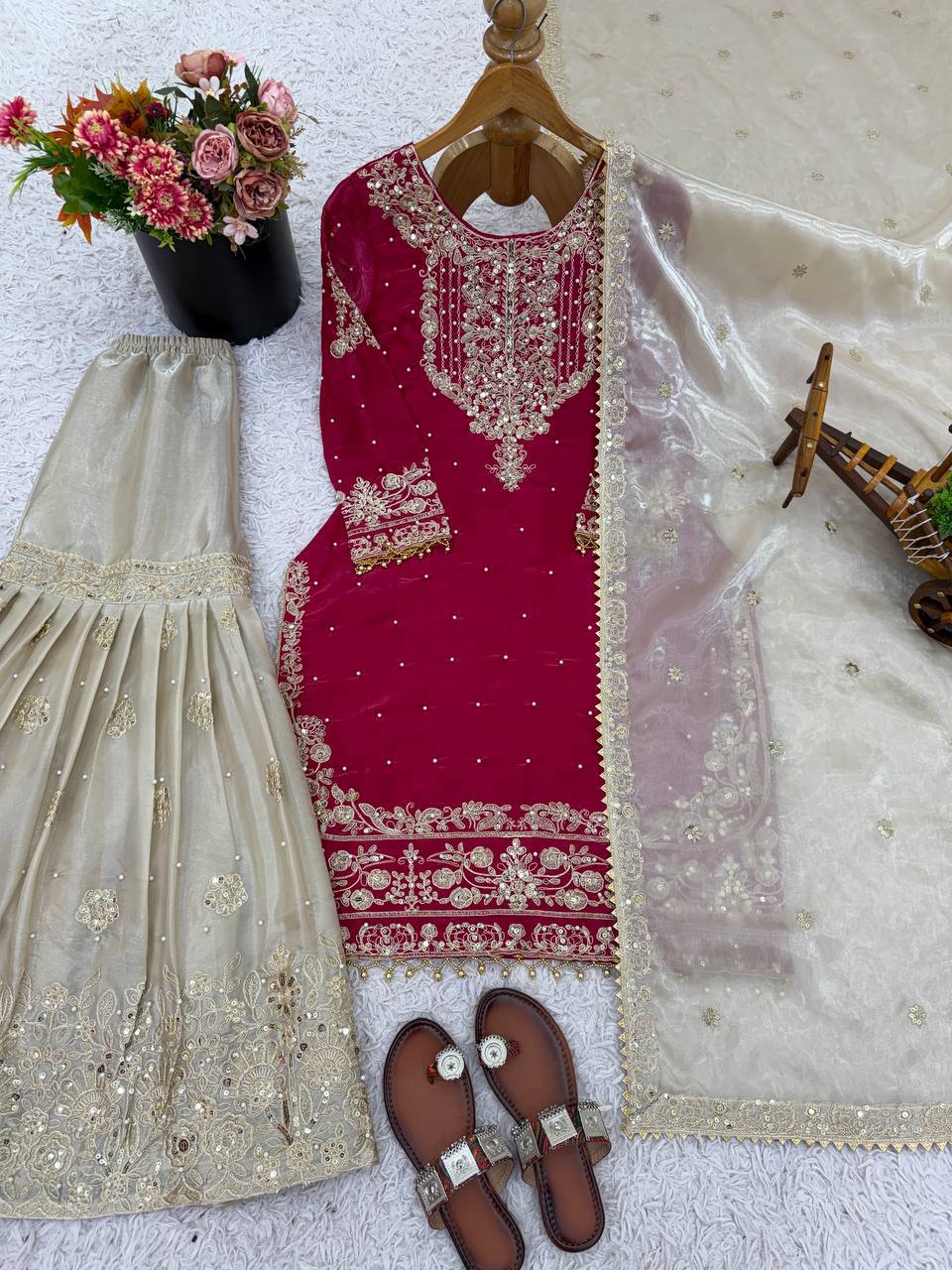 Pure Heavy GMY Silk Embroidered Coding Dori Sequence Palazzo Suit with Dupatta — Fully Stitched 3-Piece