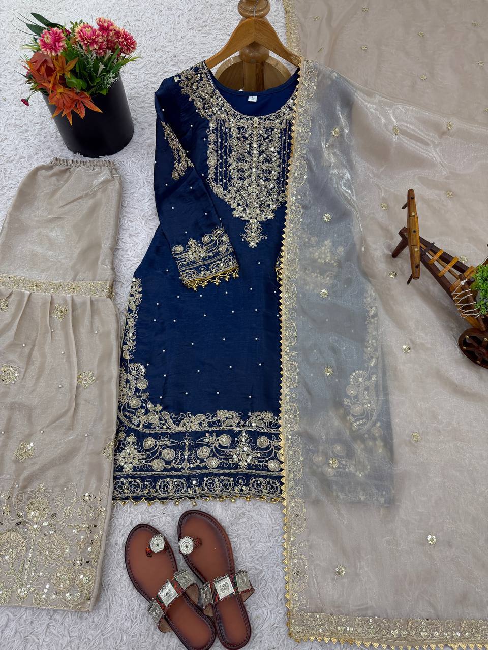 Pure Heavy GMY Silk Embroidered Coding Dori Sequence Palazzo Suit with Dupatta — Fully Stitched 3-Piece