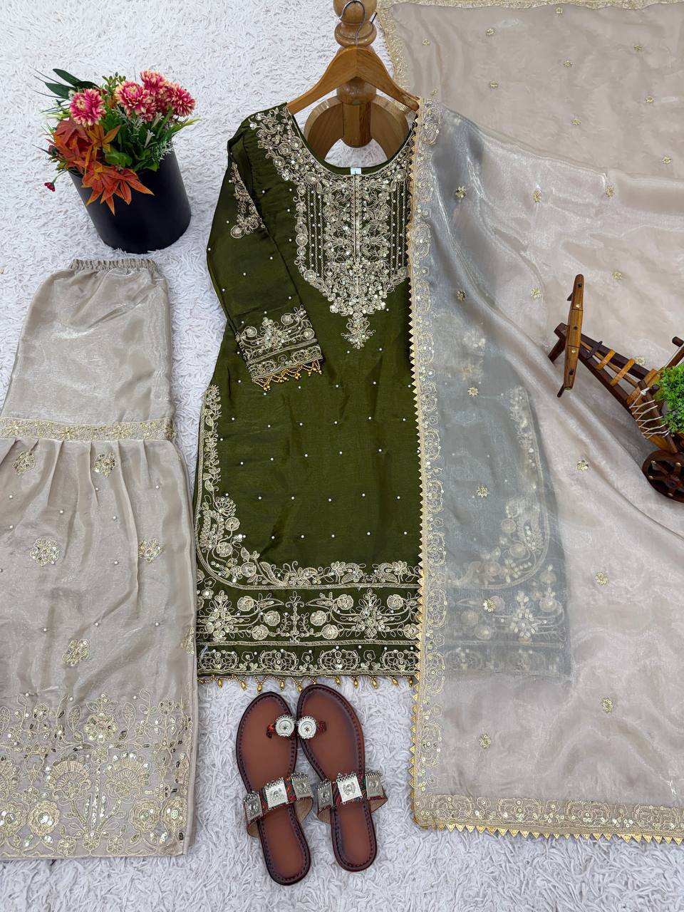 Pure Heavy GMY Silk Embroidered Coding Dori Sequence Palazzo Suit with Dupatta — Fully Stitched 3-Piece