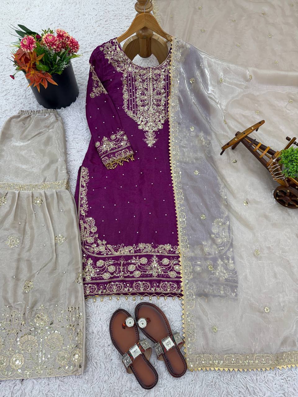 Pure Heavy GMY Silk Embroidered Coding Dori Sequence Palazzo Suit with Dupatta — Fully Stitched 3-Piece