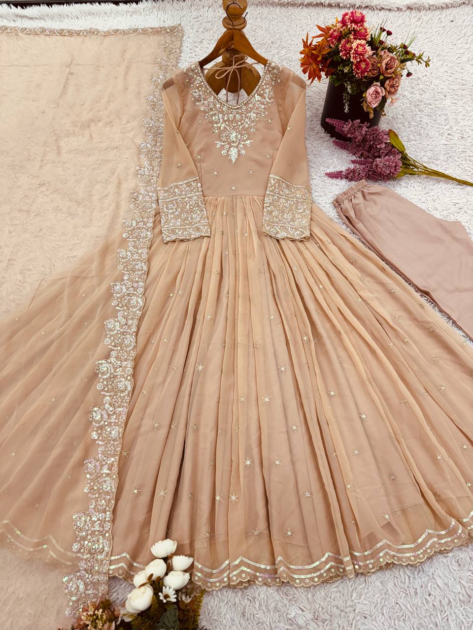 Heavy Georgette Sequin Embroidered Party Wear Gown with Dupatta