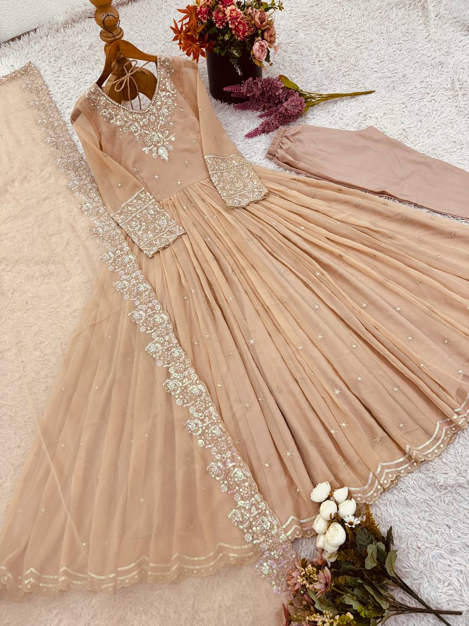 Heavy Georgette Sequin Embroidered Party Wear Gown with Dupatta