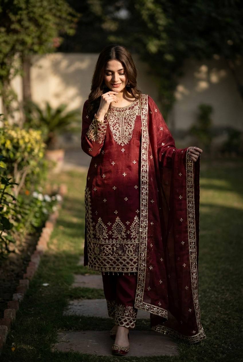 Pure GMY Silk Heavy Embroidery Sequence Pant Suit with Dupatta — Fully Stitched 3-Piece | Maroon