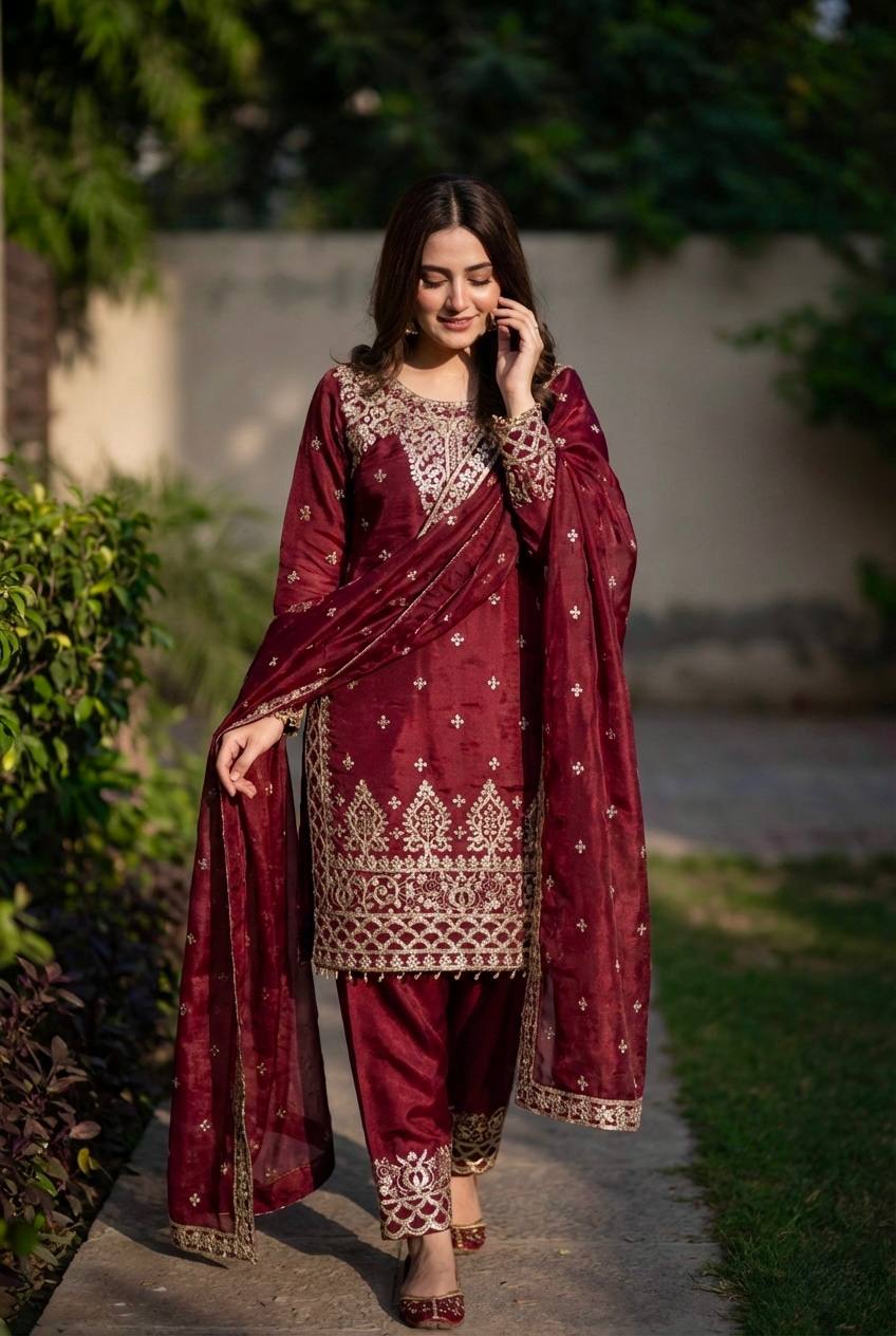 Pure GMY Silk Heavy Embroidery Sequence Pant Suit with Dupatta — Fully Stitched 3-Piece | Maroon