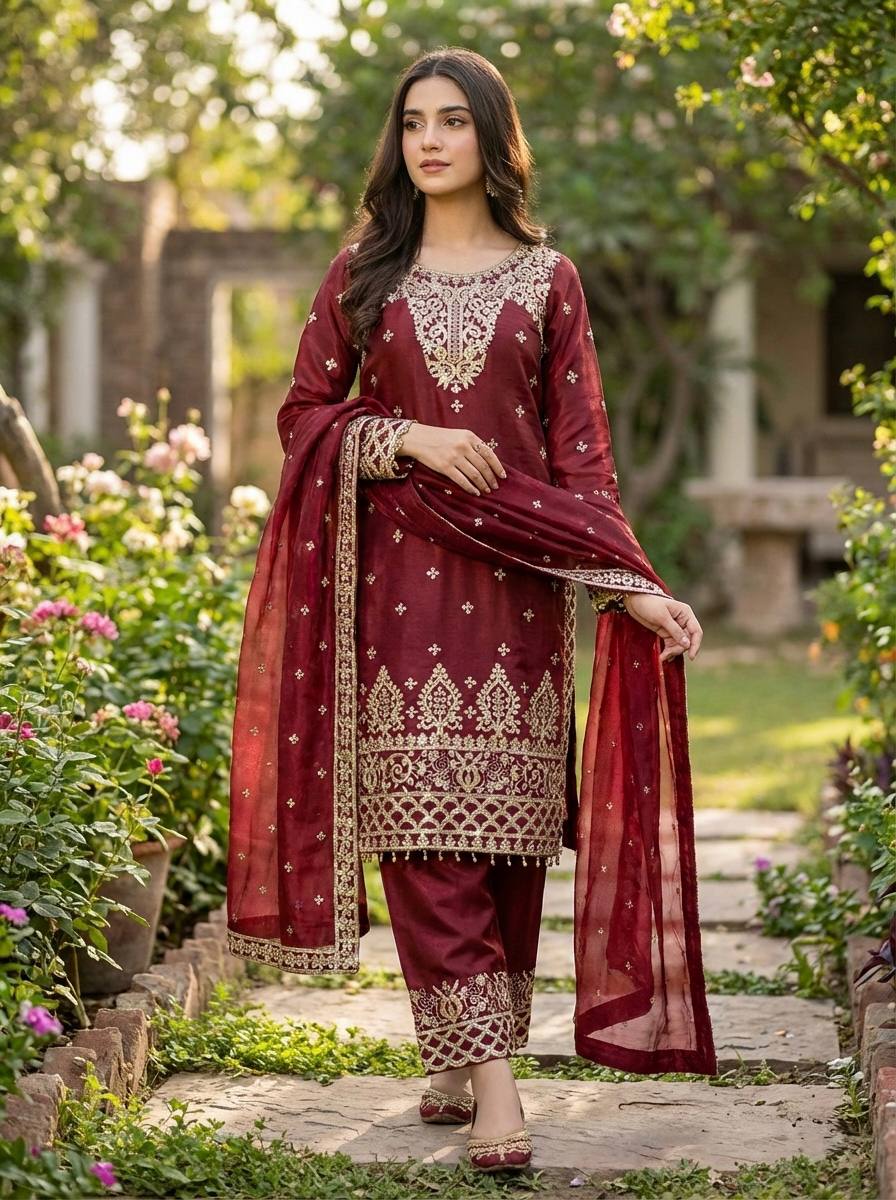 Pure GMY Silk Heavy Embroidery Sequence Pant Suit with Dupatta — Fully Stitched 3-Piece | Maroon