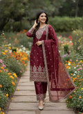 Pure GMY Silk Heavy Embroidery Sequence Pant Suit with Dupatta — Fully Stitched 3-Piece | Maroon