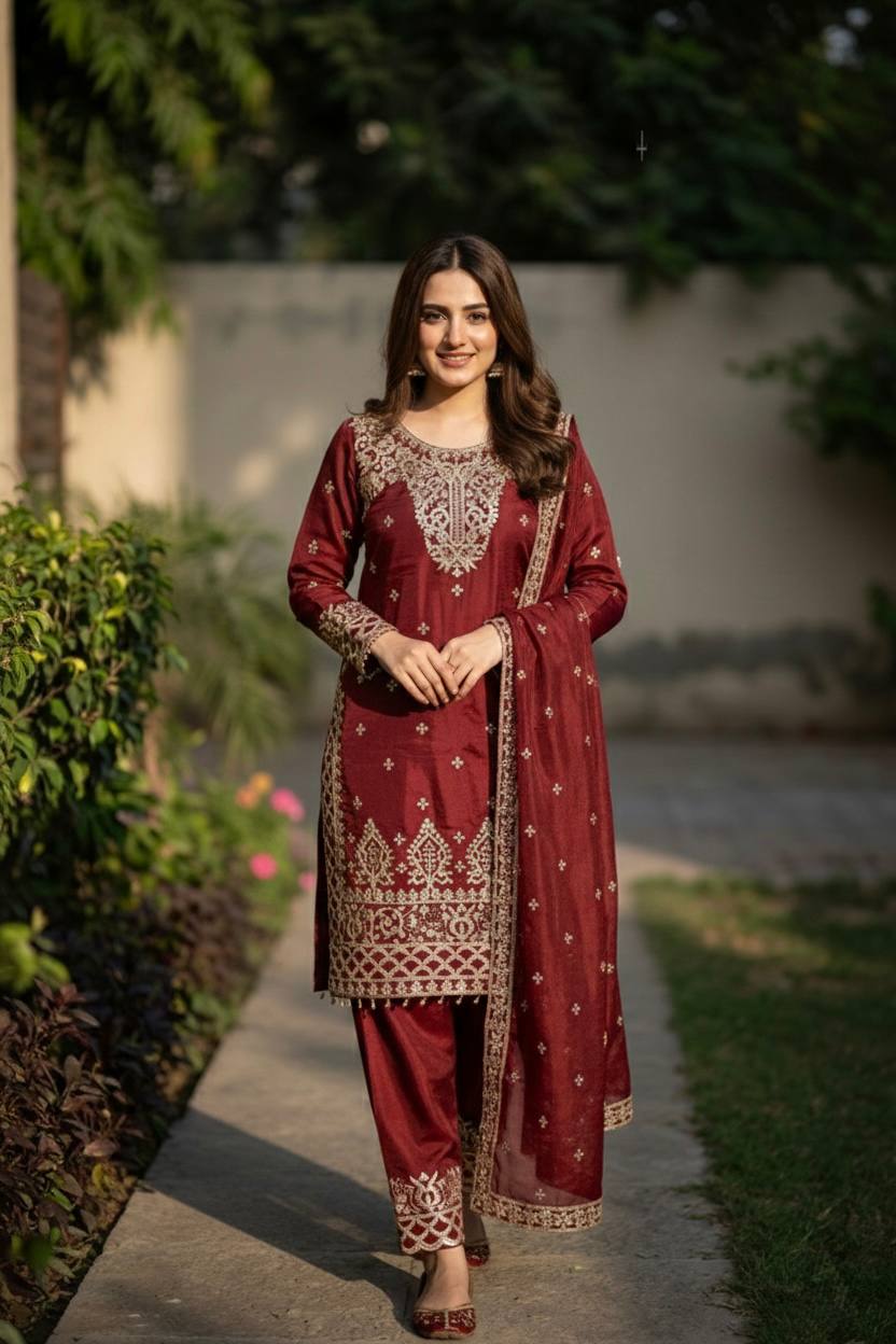 Pure GMY Silk Heavy Embroidery Sequence Pant Suit with Dupatta — Fully Stitched 3-Piece | Maroon