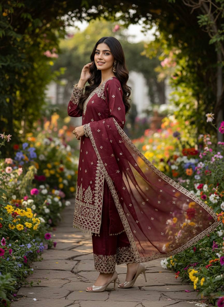 Pure GMY Silk Heavy Embroidery Sequence Pant Suit with Dupatta — Fully Stitched 3-Piece | Maroon