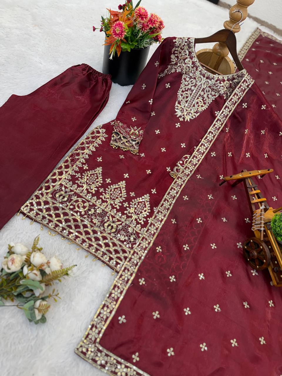 Pure GMY Silk Heavy Embroidery Sequence Pant Suit with Dupatta — Fully Stitched 3-Piece | Maroon
