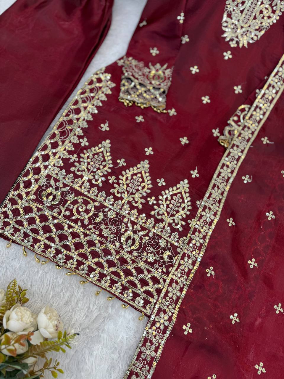 Pure GMY Silk Heavy Embroidery Sequence Pant Suit with Dupatta — Fully Stitched 3-Piece | Maroon
