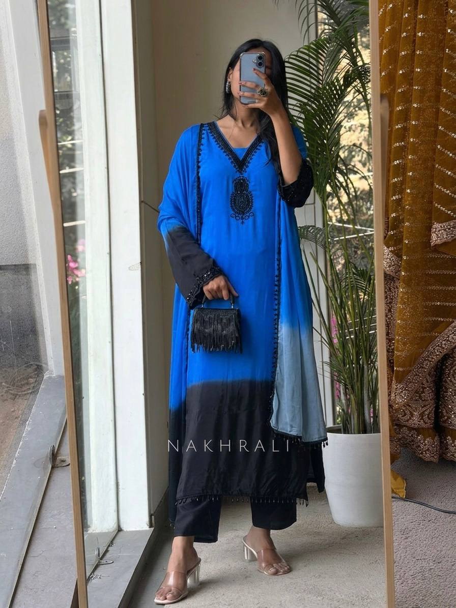 Designer Dual Tone Ombre Suit Set | French Crepe Silk Embroidery Beads Work Top Palazzo & Dupatta — Fully Stitched