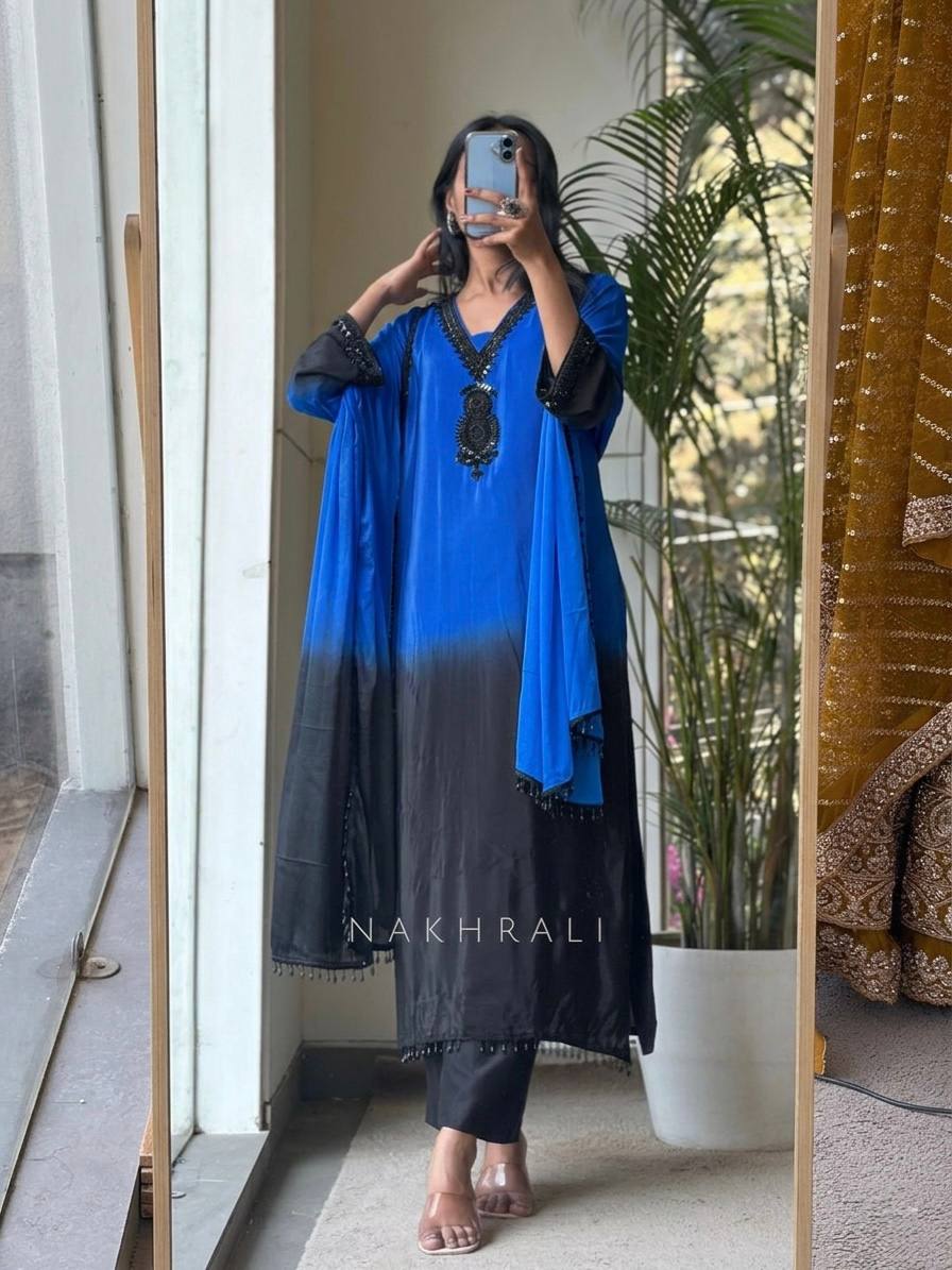 Designer Dual Tone Ombre Suit Set | French Crepe Silk Embroidery Beads Work Top Palazzo & Dupatta — Fully Stitched