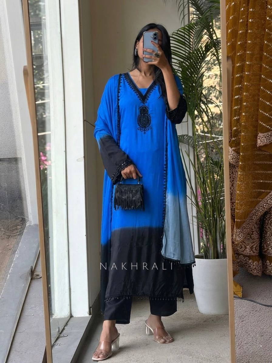 Designer Dual Tone Ombre Suit Set | French Crepe Silk Embroidery Beads Work Top Palazzo & Dupatta — Fully Stitched