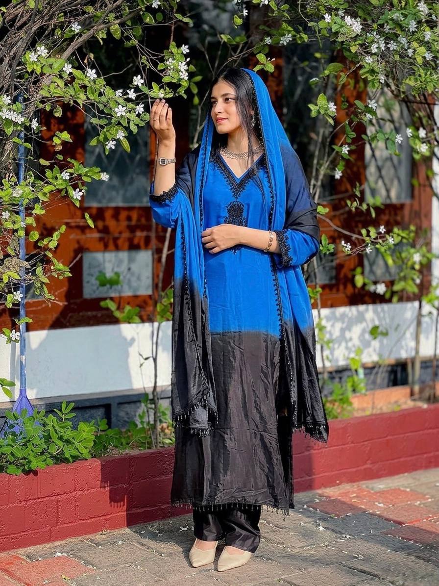 Designer Dual Tone Ombre Suit Set French Crepe Silk Embroidery Beads Work - front view | Zahra London