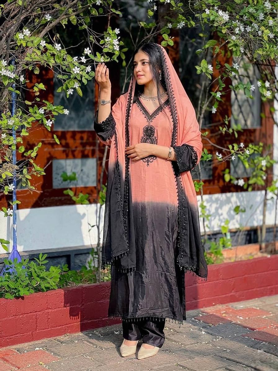 Designer Dual Tone Ombre Suit Set French Crepe Silk Embroidery Beads Work - view 5 | Zahra London