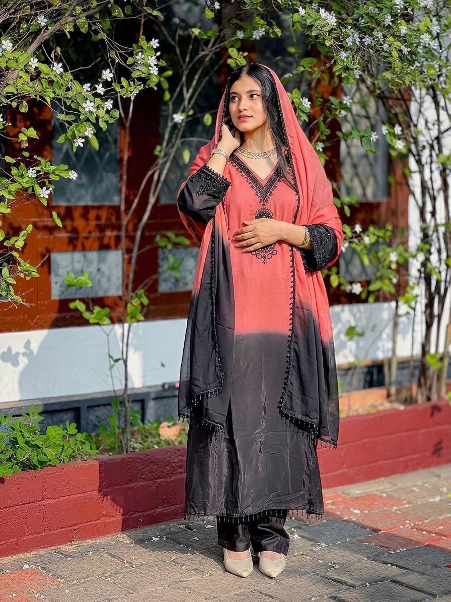 Designer Dual Tone Ombre Suit Set French Crepe Silk Embroidery Beads Work - view 6 | Zahra London