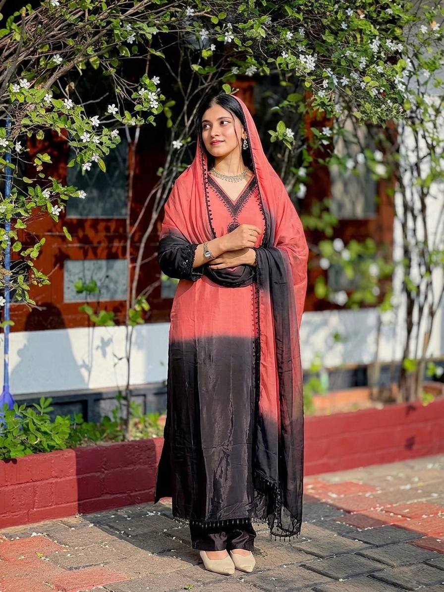 Designer Dual Tone Ombre Suit Set | French Crepe Silk Embroidery Beads Work Top Palazzo & Dupatta — Fully Stitched