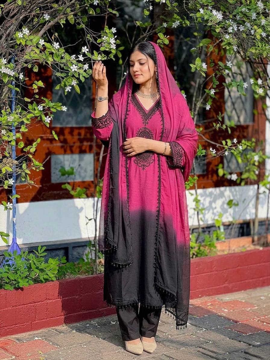 Designer Dual Tone Ombre Suit Set French Crepe Silk Embroidery Beads Work - view 8 | Zahra London