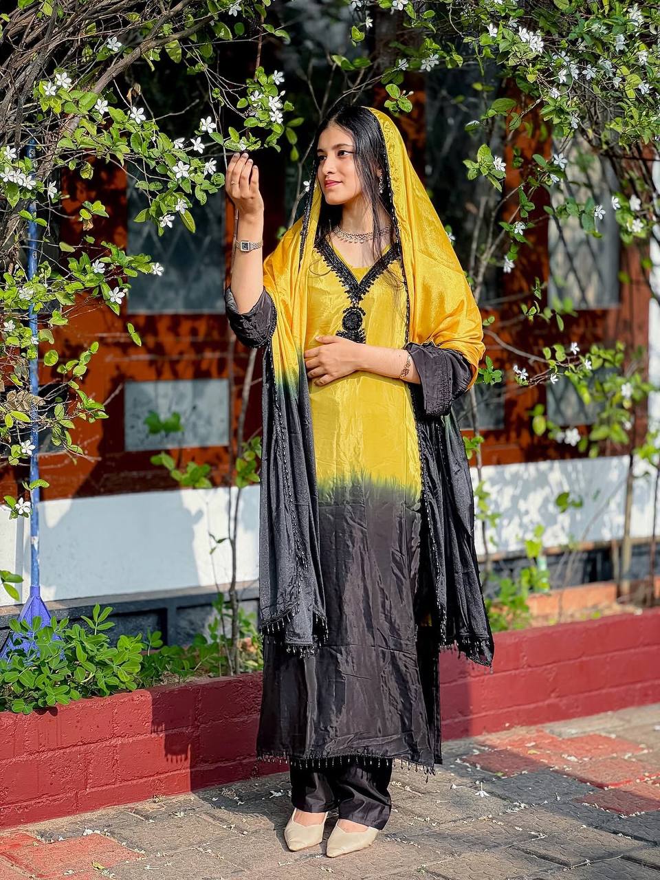 Designer Dual Tone Ombre Suit Set | French Crepe Silk Embroidery Beads Work Top Palazzo & Dupatta — Fully Stitched