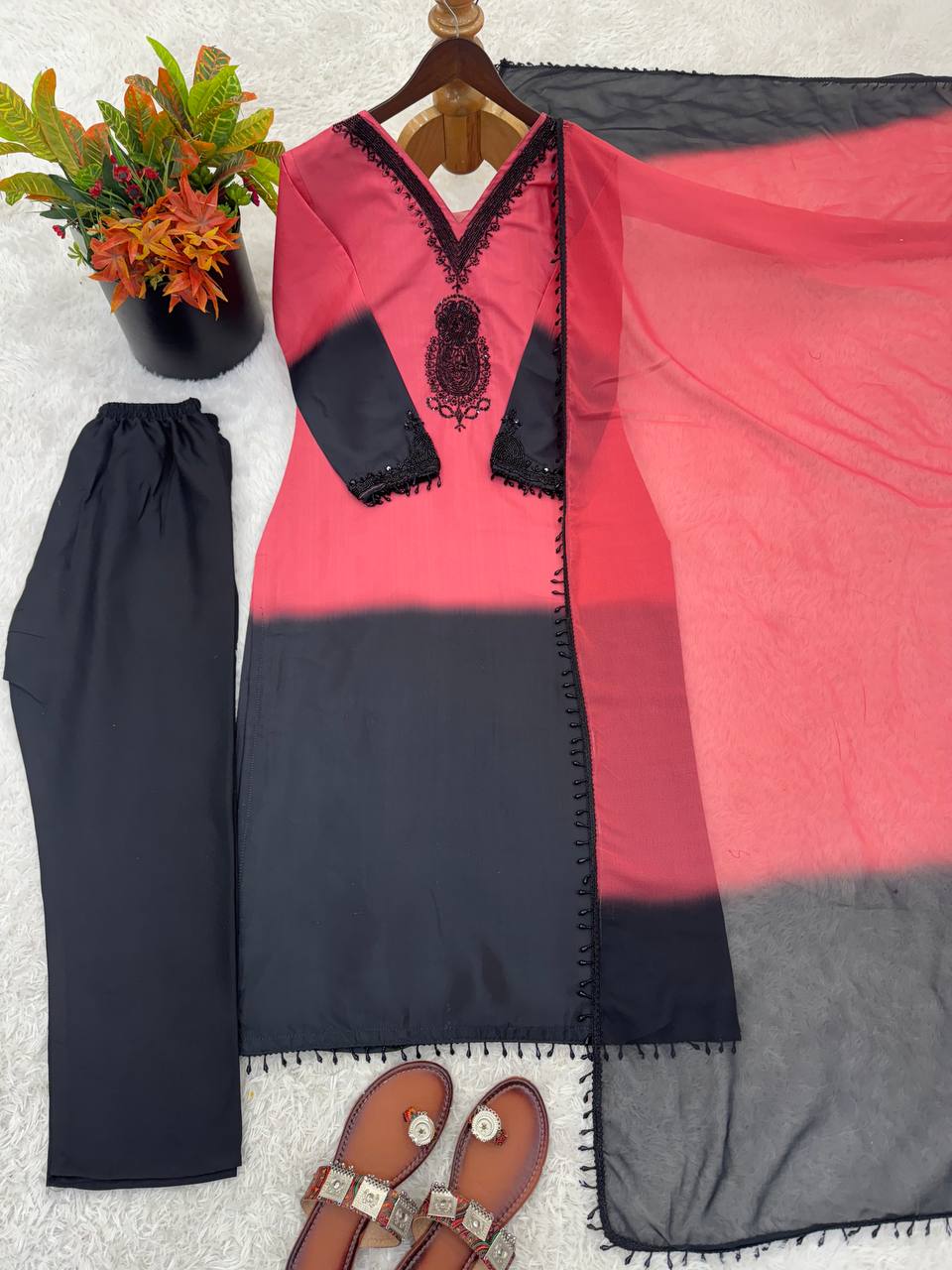 Designer Dual Tone Ombre Suit Set | French Crepe Silk Embroidery Beads Work Top Palazzo & Dupatta — Fully Stitched