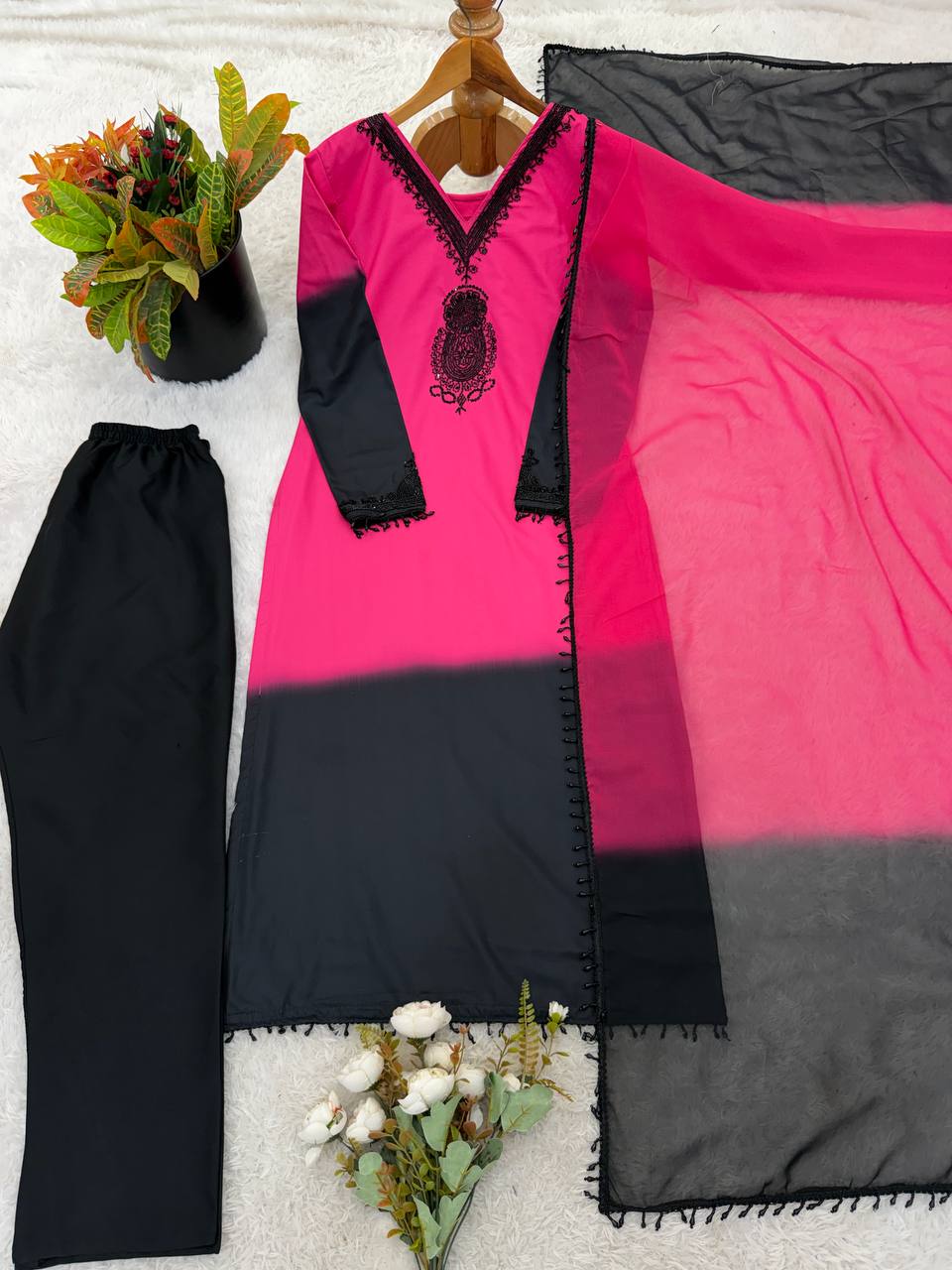 Designer Dual Tone Ombre Suit Set | French Crepe Silk Embroidery Beads Work Top Palazzo & Dupatta — Fully Stitched