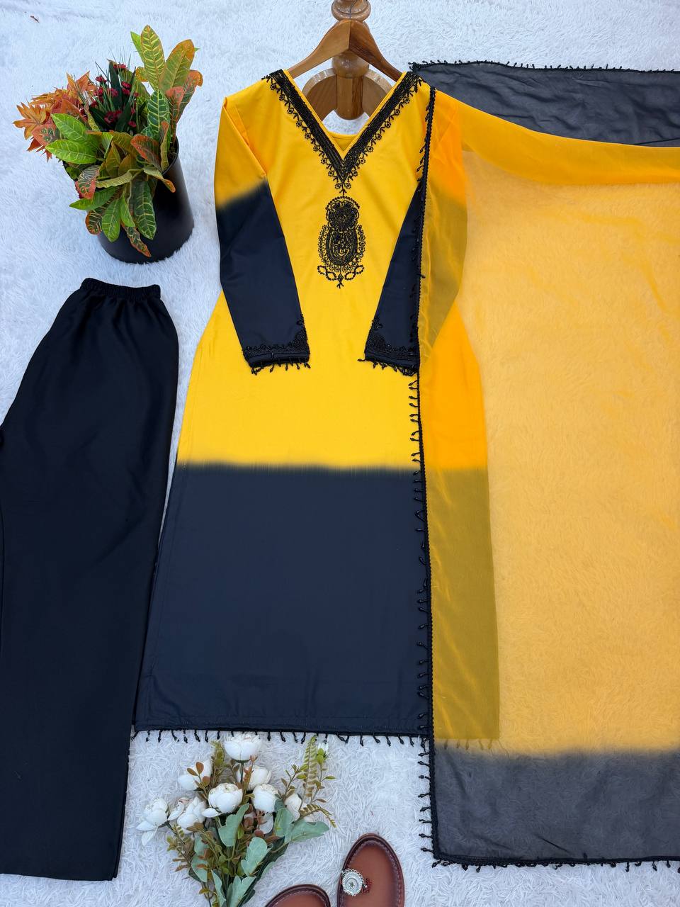 Designer Dual Tone Ombre Suit Set | French Crepe Silk Embroidery Beads Work Top Palazzo & Dupatta — Fully Stitched