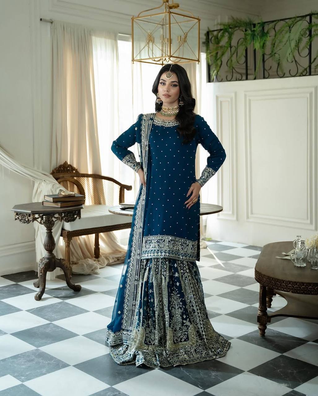 Faux Georgette Sequin & Moti Work Gharara Set with Dupatta — Ready to Wear