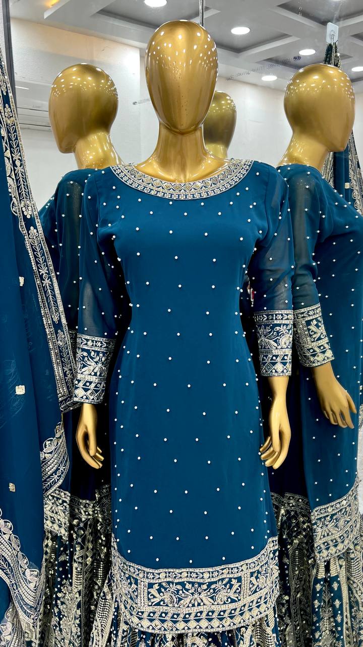 Faux Georgette Sequin & Moti Work Gharara Set with Dupatta — Ready to Wear