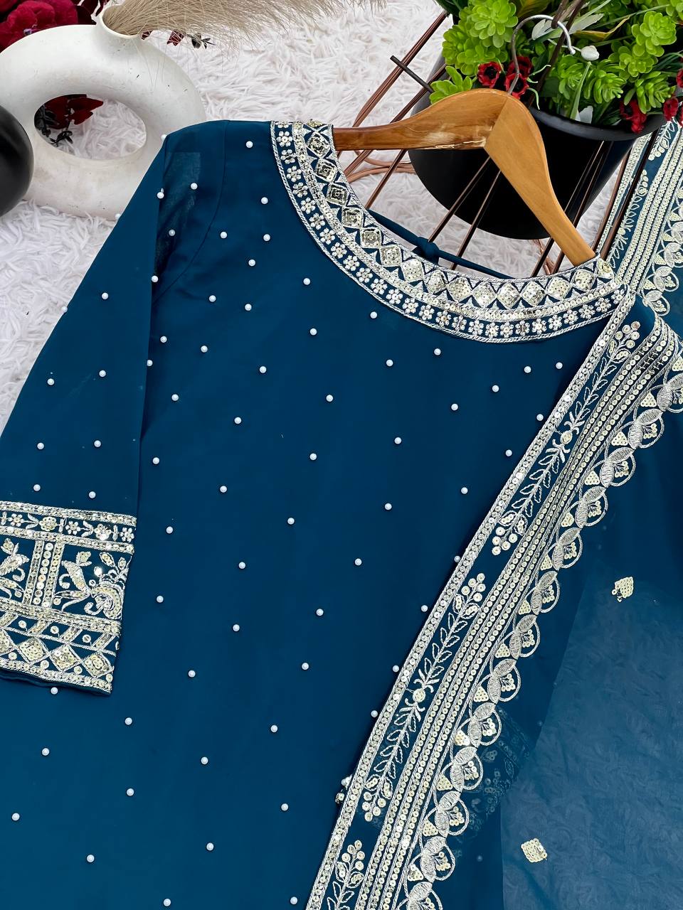 Faux Georgette Sequin & Moti Work Gharara Set with Dupatta — Ready to Wear