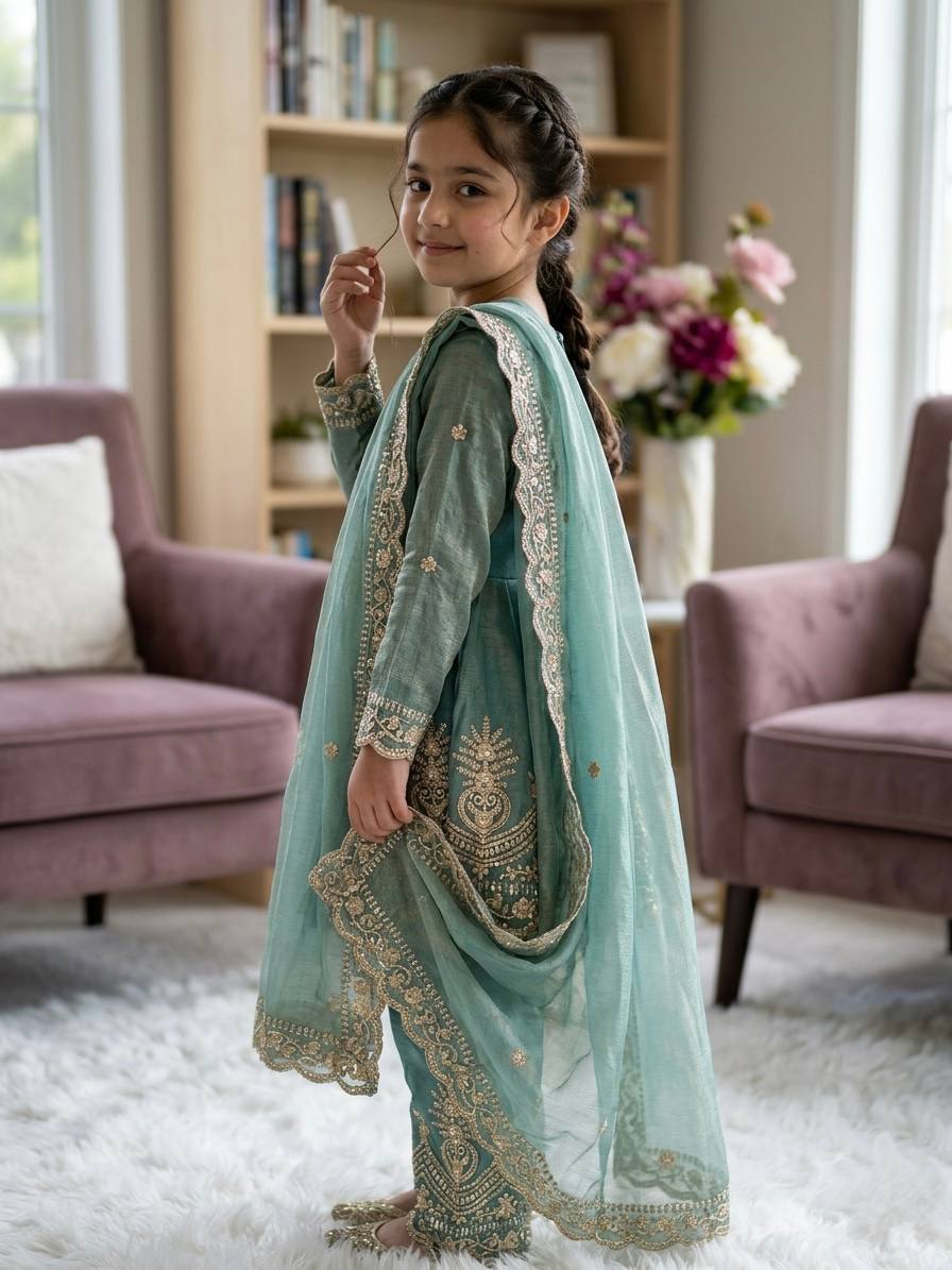 Girls Kids Ethnic Wear | Fendy Silk Embroidered Peplum Kurti Palazzo & Dupatta Set — Fully Stitched