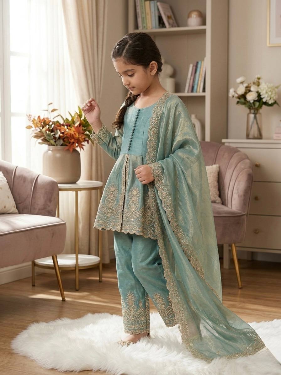 Girls Kids Ethnic Wear | Fendy Silk Embroidered Peplum Kurti Palazzo & Dupatta Set — Fully Stitched